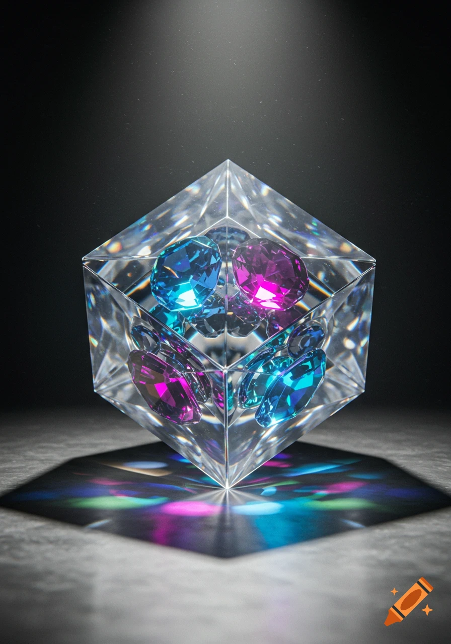A transparent geometric cube filled with blue and magenta faceted gems, casting colorful reflections on a dark surface.