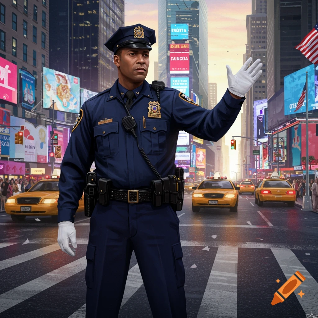 A photorealistic image of a dark-skinned NYPD officer in a dark blue uniform and white gloves, directing traffic in a busy city street with yellow taxis and bright billboards.