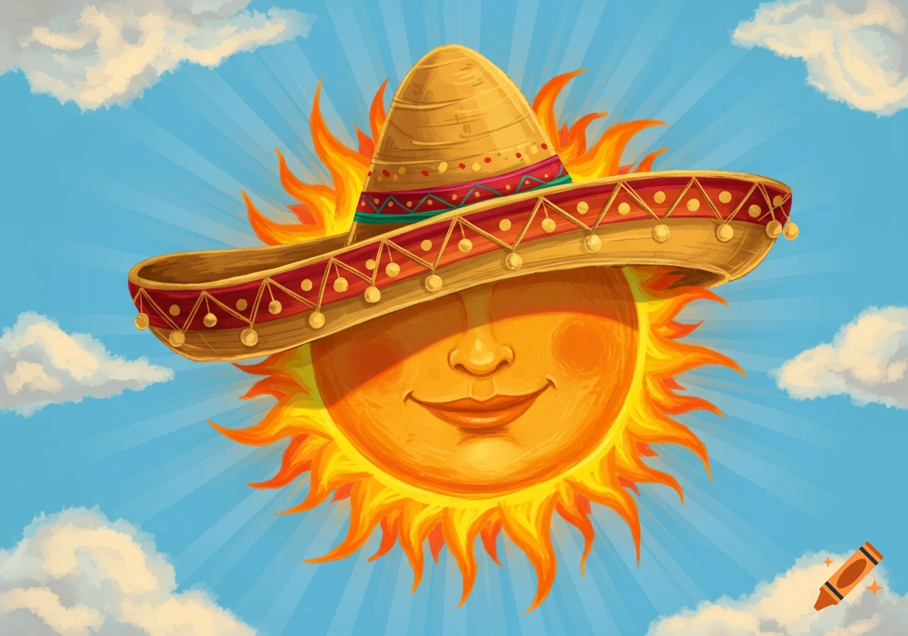A cheerful cartoon sun wearing a sombrero against a blue sky with clouds and sun rays, in an illustration style.