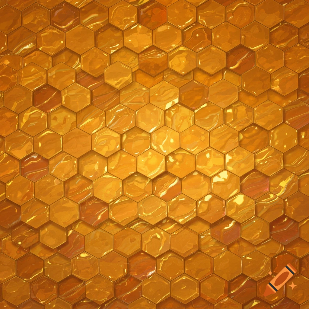 A close-up, full-frame image of a golden, glistening honeycomb pattern.