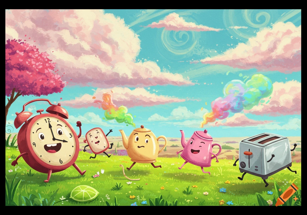 Whimsical cartoon of an alarm clock, slice of toast, two teapots, and a toaster running in a vibrant green field under a blue sky.