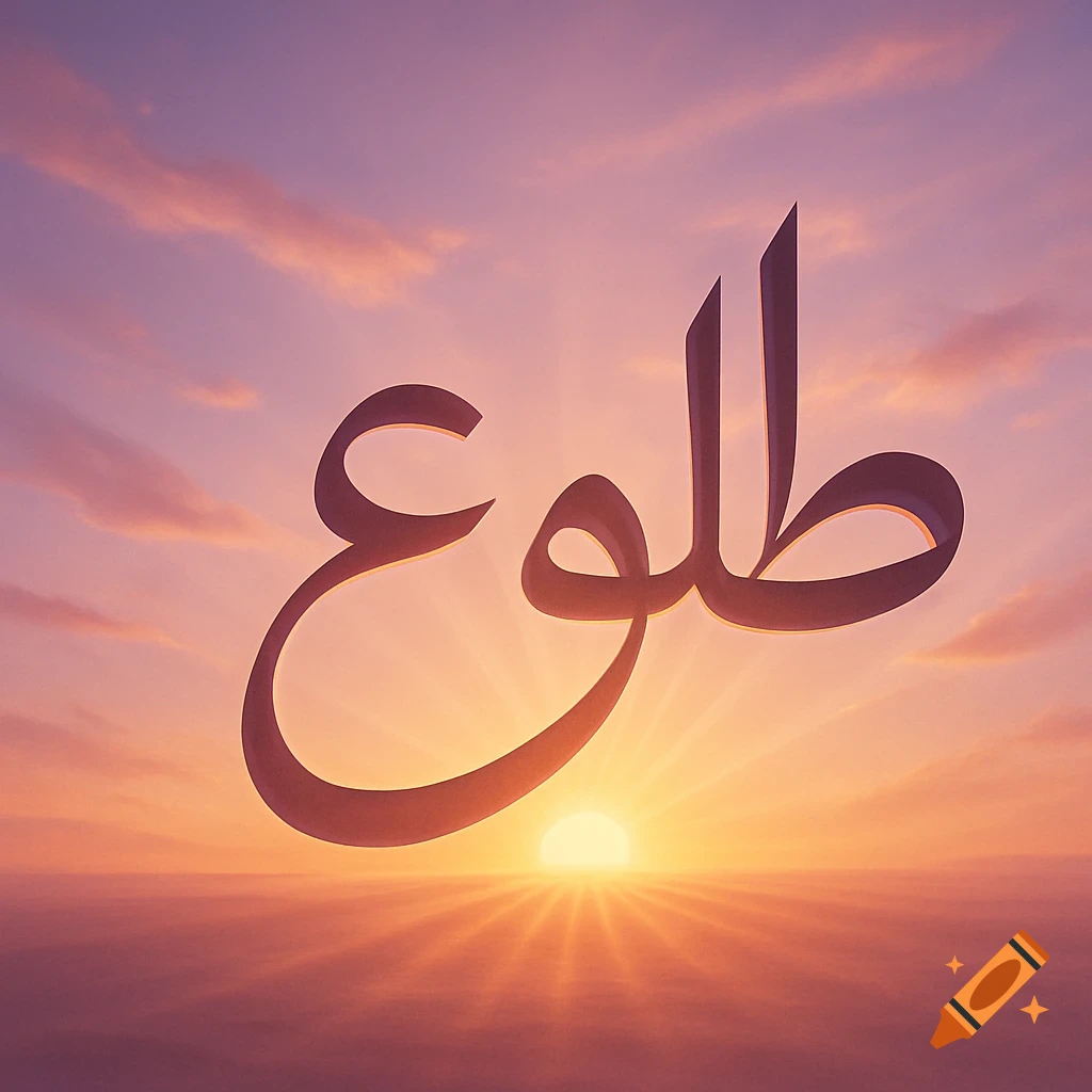 3D Arabic calligraphy 'طلوع' (Tolou') against a vibrant sunset sky with golden sun rays over a calm horizon.