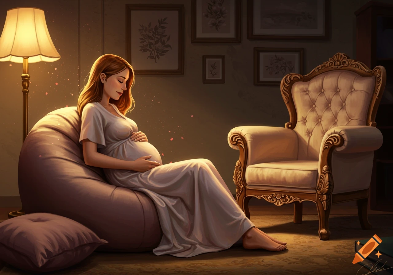 A pregnant woman in a white dress sits on a bean bag, cradling her belly in a cozy, dimly lit room with an armchair. Digital art.