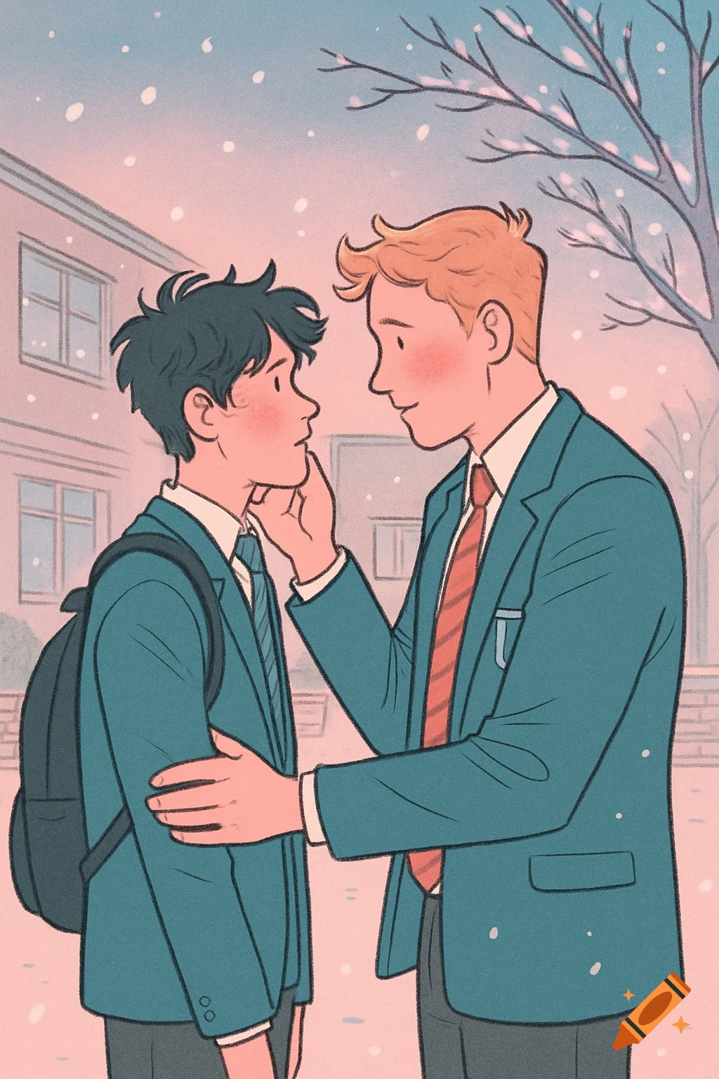 Illustration of two male students in school uniforms, one affectionately touching the other's face, with snow falling.