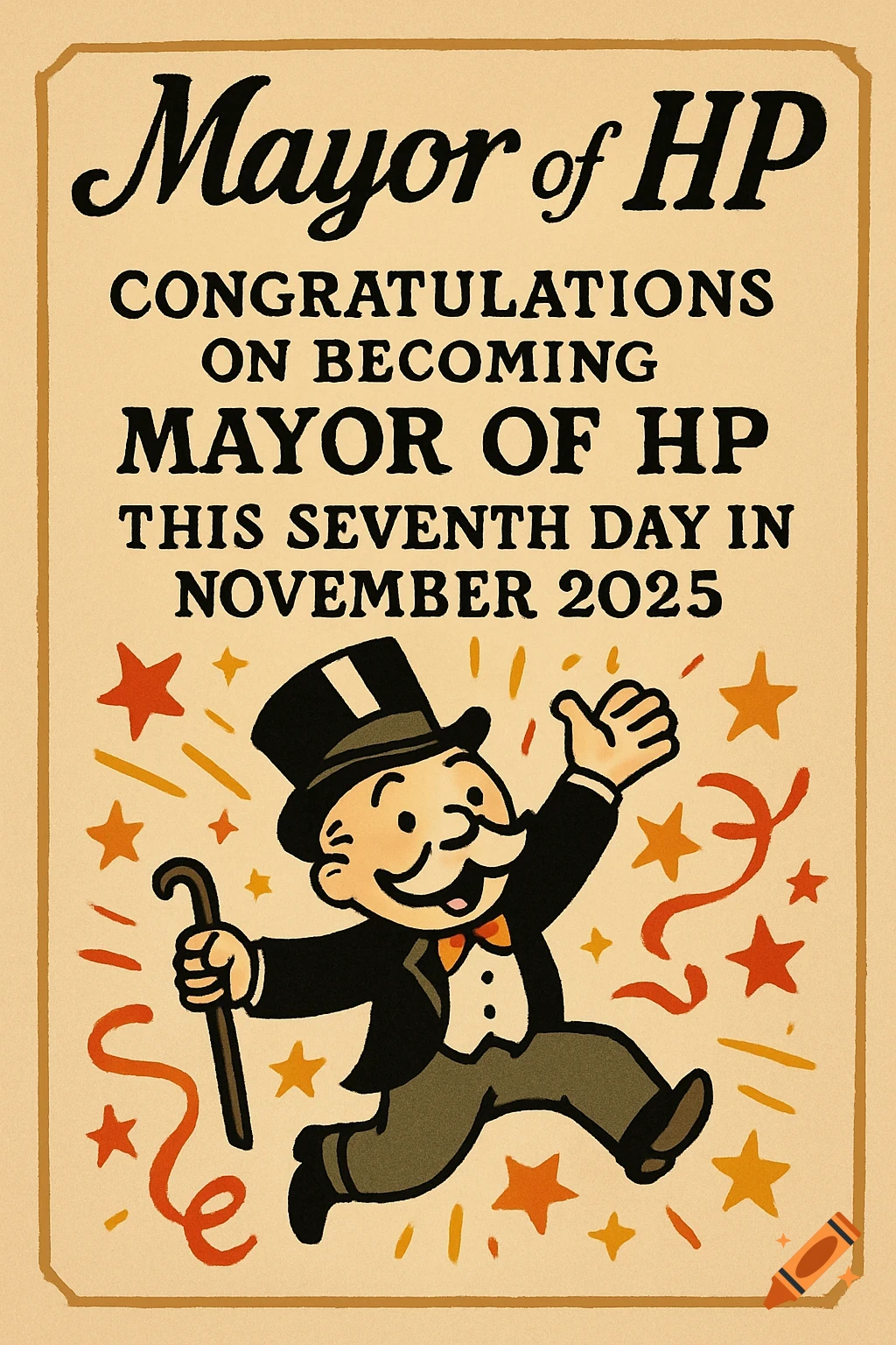 A tan-colored, old-timey cartoon certificate announces 'Mayor of HP' with a joyful, top-hatted man resembling Monopoly Man, surrounded by stars and ribbons.