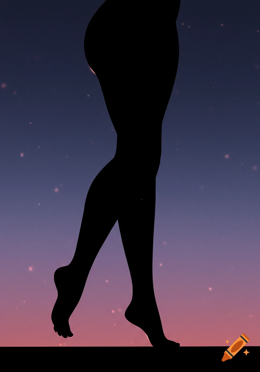 Silhouette of shapely female legs and feet against a starry night sky with a blue and pink gradient, in an illustrative style.