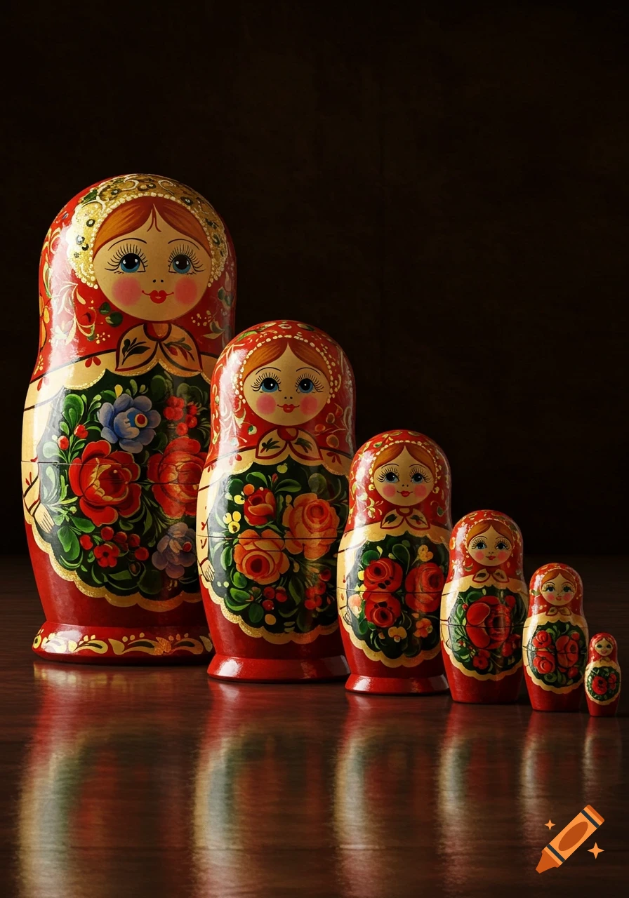 Five traditional red Russian nesting dolls of decreasing size are arranged in a line on a reflective wooden surface, against a dark background.