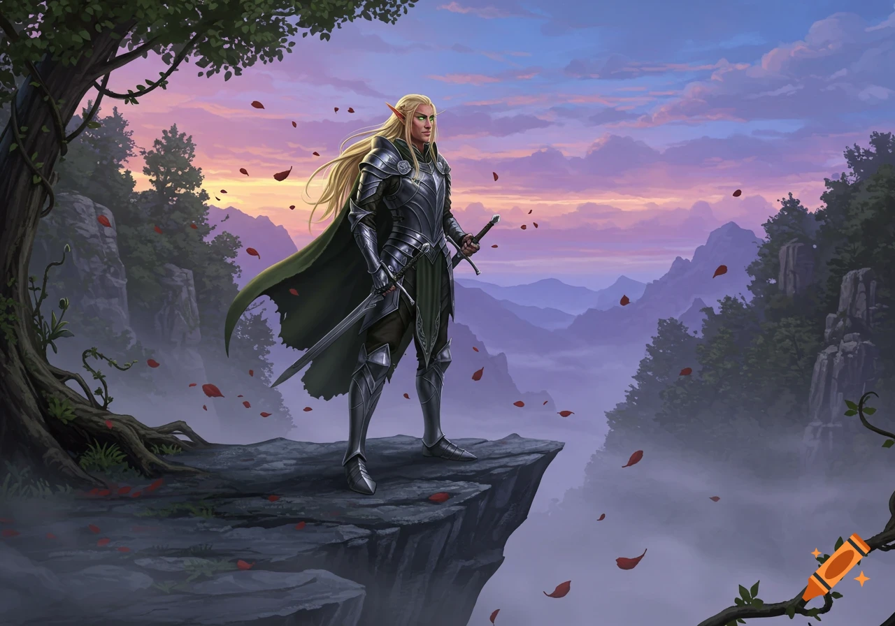 An elf warrior in armor and a green cape stands on a cliff with two ...