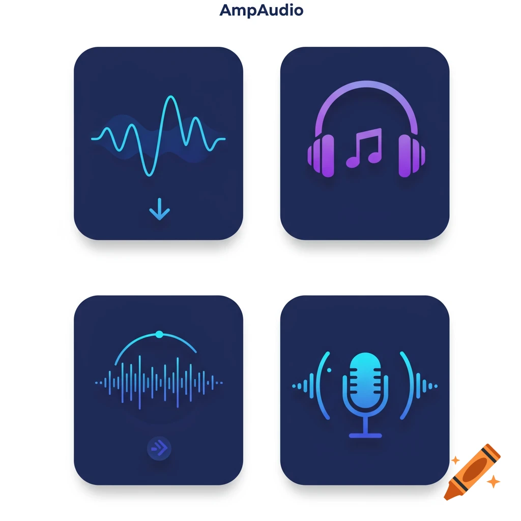 Four minimalist app icons on a dark background with audio themes: a waveform, headphones with a music note, audio bars, and a microphone.