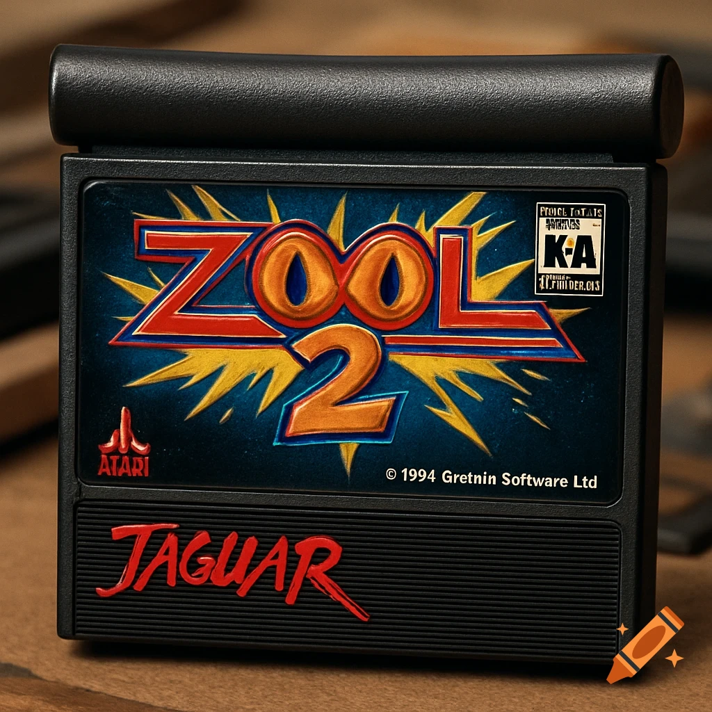 An Atari Jaguar game cartridge for Zool 2, featuring a vibrant label with the game title, Atari logo, and 1994 copyright.