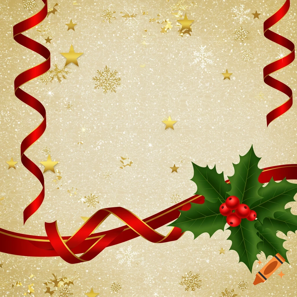 Golden sparkling Christmas background with red ribbons, green holly with red berries, and gold stars and snowflakes.