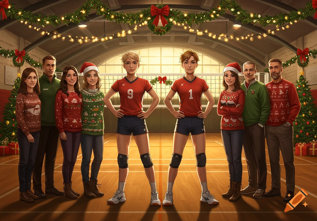 Two young volleyball players in red jerseys stand front and center in a Christmas-decorated gym, flanked by four adults in festive sweaters.