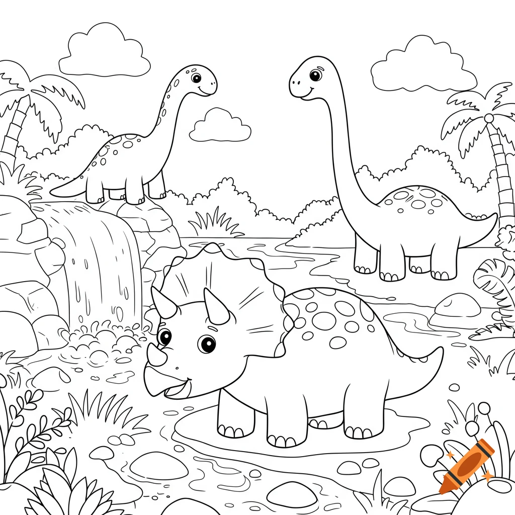 Black and white line art of three cartoon dinosaurs in a prehistoric jungle scene with a waterfall, in a coloring book style.