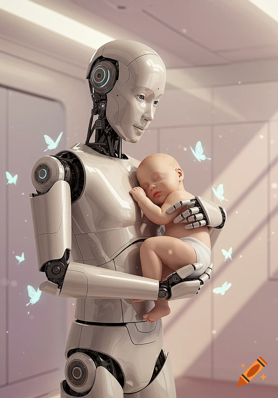 A sleek, white robot gently holds a sleeping baby, surrounded by glowing blue butterflies in a bright, futuristic room.