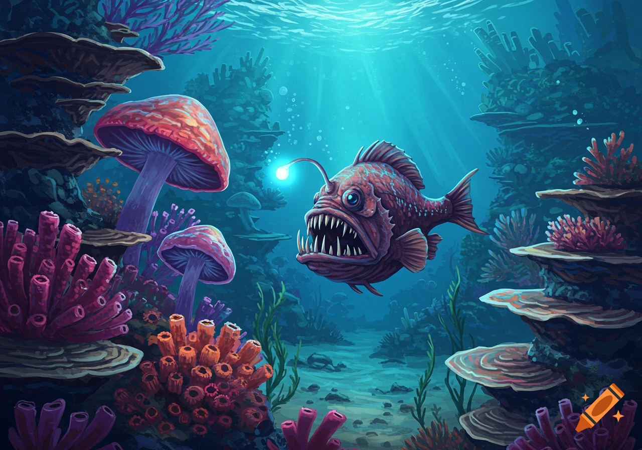 A stylized illustration of an anglerfish with a glowing lure amidst vibrant fantasy mushrooms and coral in a sunlit underwater reef.
