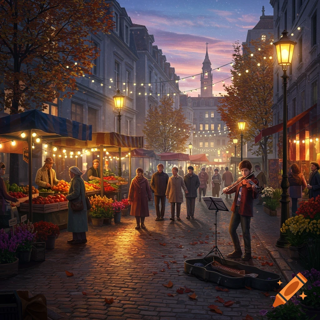 A vibrant autumn street market at dusk, with people, fruit and flower stalls under string lights, and a violinist playing on a cobblestone street.