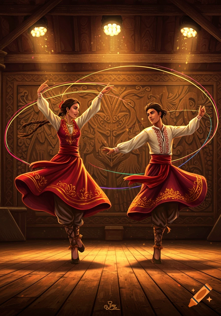 Two dancers in traditional red and white costumes perform a folk dance on a wooden stage under spotlights, surrounded by colorful glowing rings.
