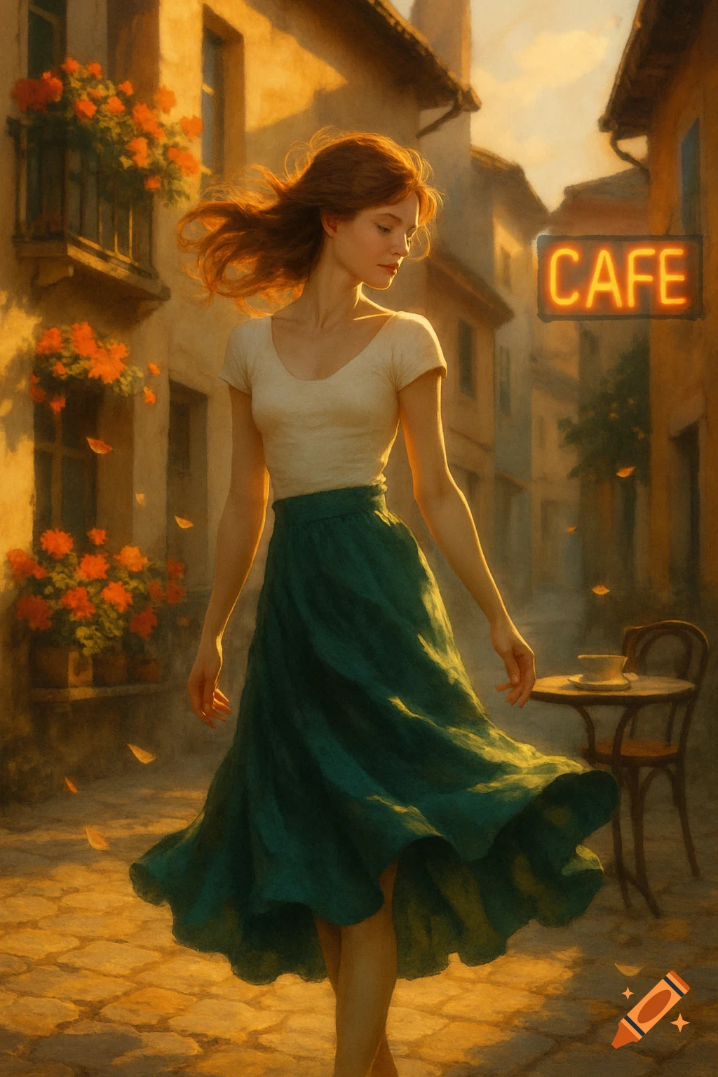 A woman with flowing red hair in a white top and green skirt walks on a cobblestone street past a cafe sign.