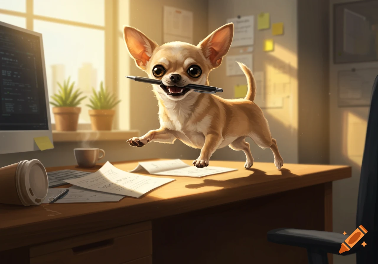 A playful chihuahua with big eyes jumps on an office desk, holding a pen in its mouth, with a computer and papers in the background.