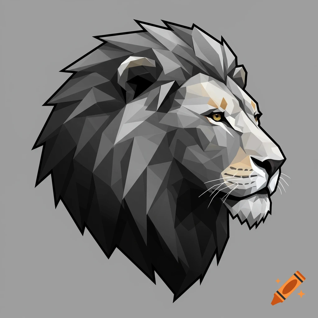 A stylized geometric illustration of a lion's head in profile, featuring shades of gray and black with golden eyes, on a solid gray background.