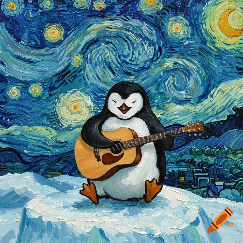 A smiling penguin on an iceberg plays an acoustic guitar, depicted in a vibrant Van Gogh-style painting under a swirling starry night.