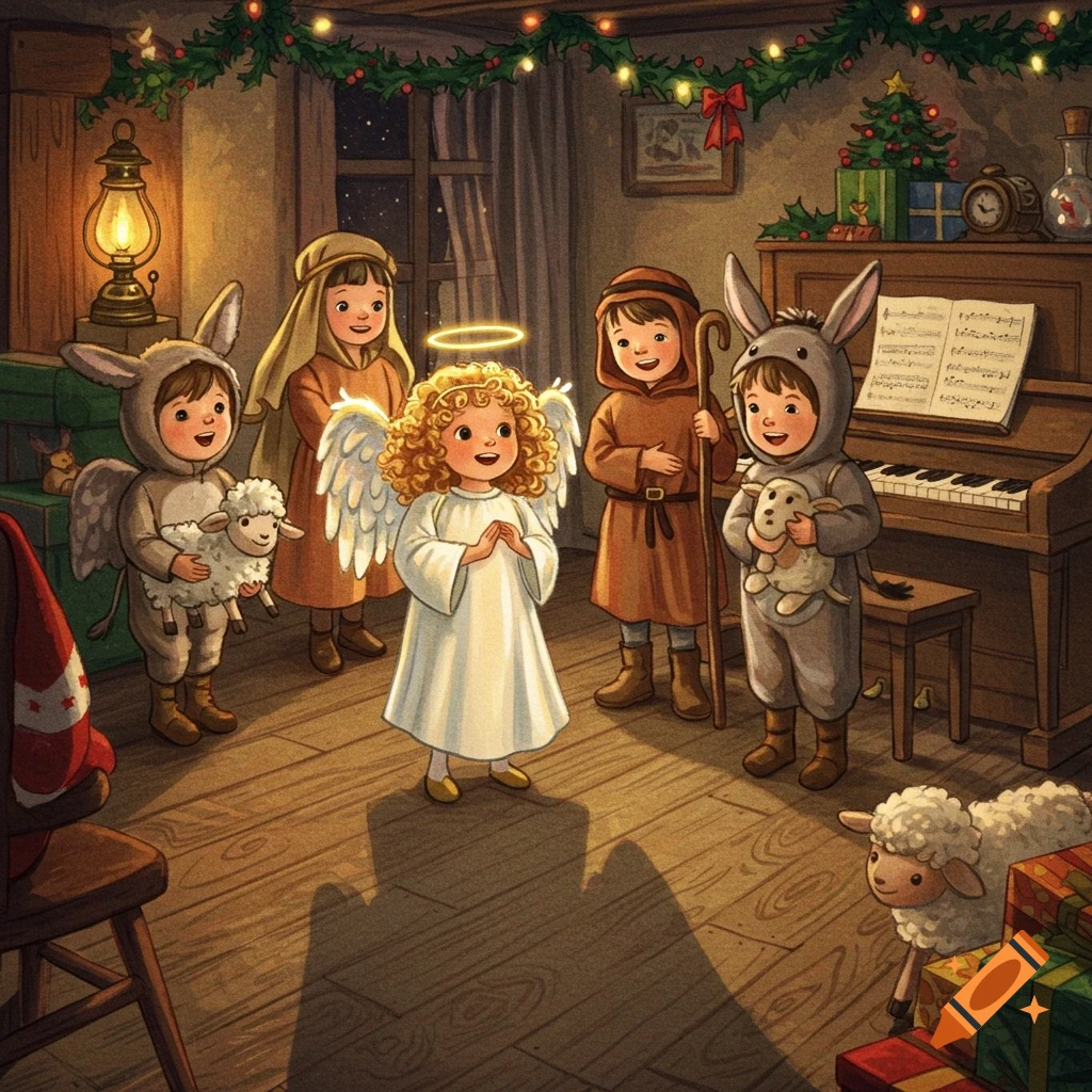 Children in Nativity costumes, including an angel and animals, rehearse in a festive, cozy room. Picture book illustration style.
