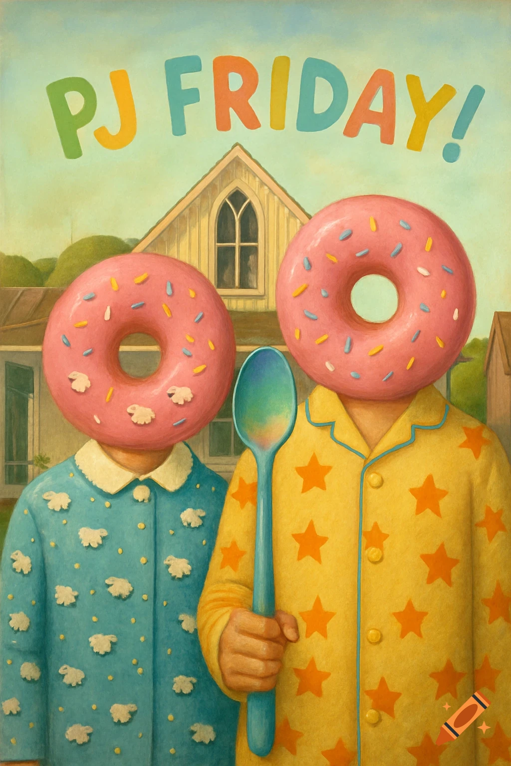 Surreal painting of two figures with pink donut heads in pajamas, one holding a spoon, standing before a house under text 'PJ FRIDAY!'.
