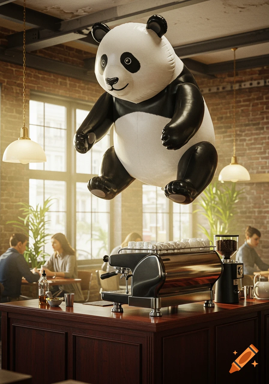 A large inflatable panda floats above a sleek coffee machine on a wooden counter in a warm, sunlit coffee shop.