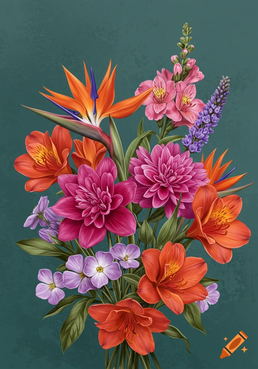 Vibrant illustrative bouquet featuring orange Bird of Paradise, pink dahlias, and various red, orange, and purple flowers against a dark teal background.