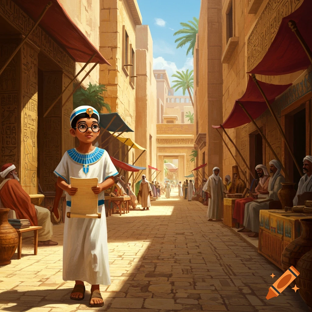 A cartoon boy in glasses and a white tunic holds a scroll in a sunny ancient Egyptian market street.