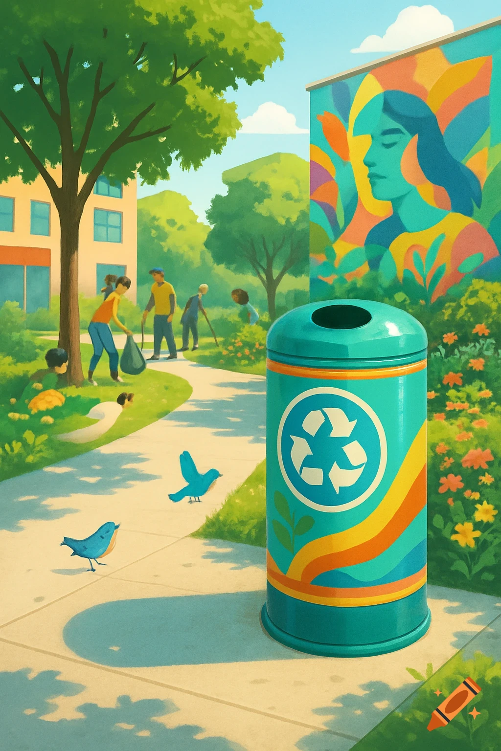Stylized illustration of people cleaning a park, with a large teal recycling bin in the foreground, two blue birds, and a colorful mural.