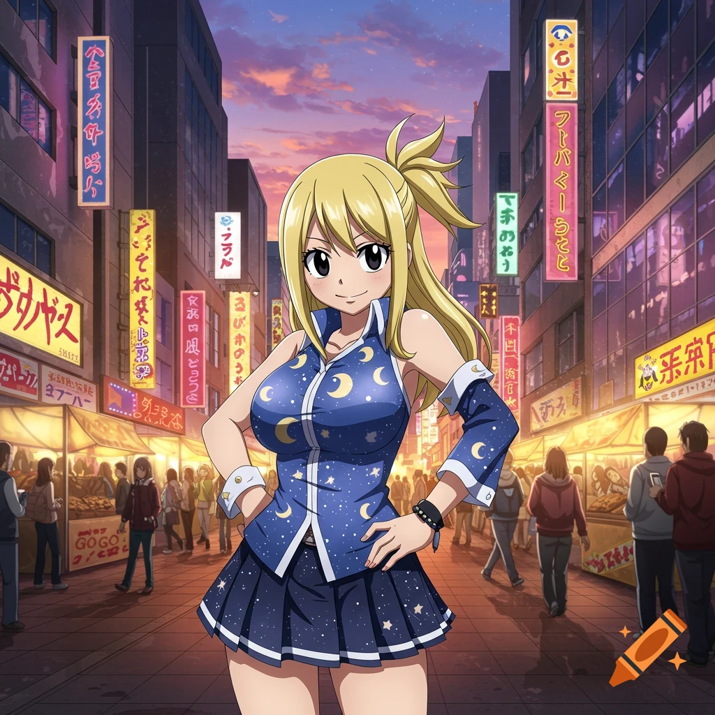 An anime girl with blonde hair in a blue moon-and-star patterned outfit stands in a busy Japanese street market at dusk.