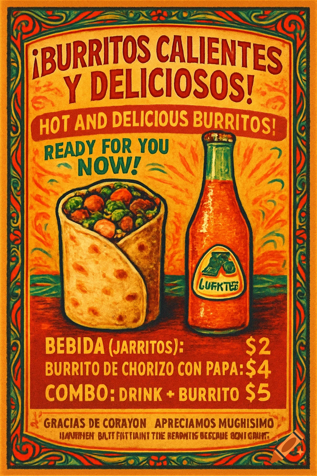 A vibrant Spanish-style burrito flyer with warm red, gold, green, and orange colors. It features a realistic open burrito filled with ingredients and a colorful Jarritos soda bottle. Text advertises "Hot and Delicious Burritos" and lists prices for drinks, burritos, and combos.