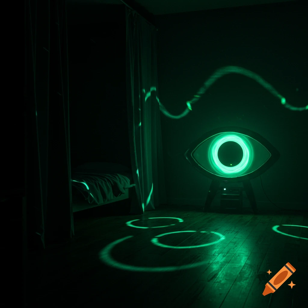 Dark room with a glowing green eye-shaped light fixture casting patterns on the floor; a bed behind curtains on the left.