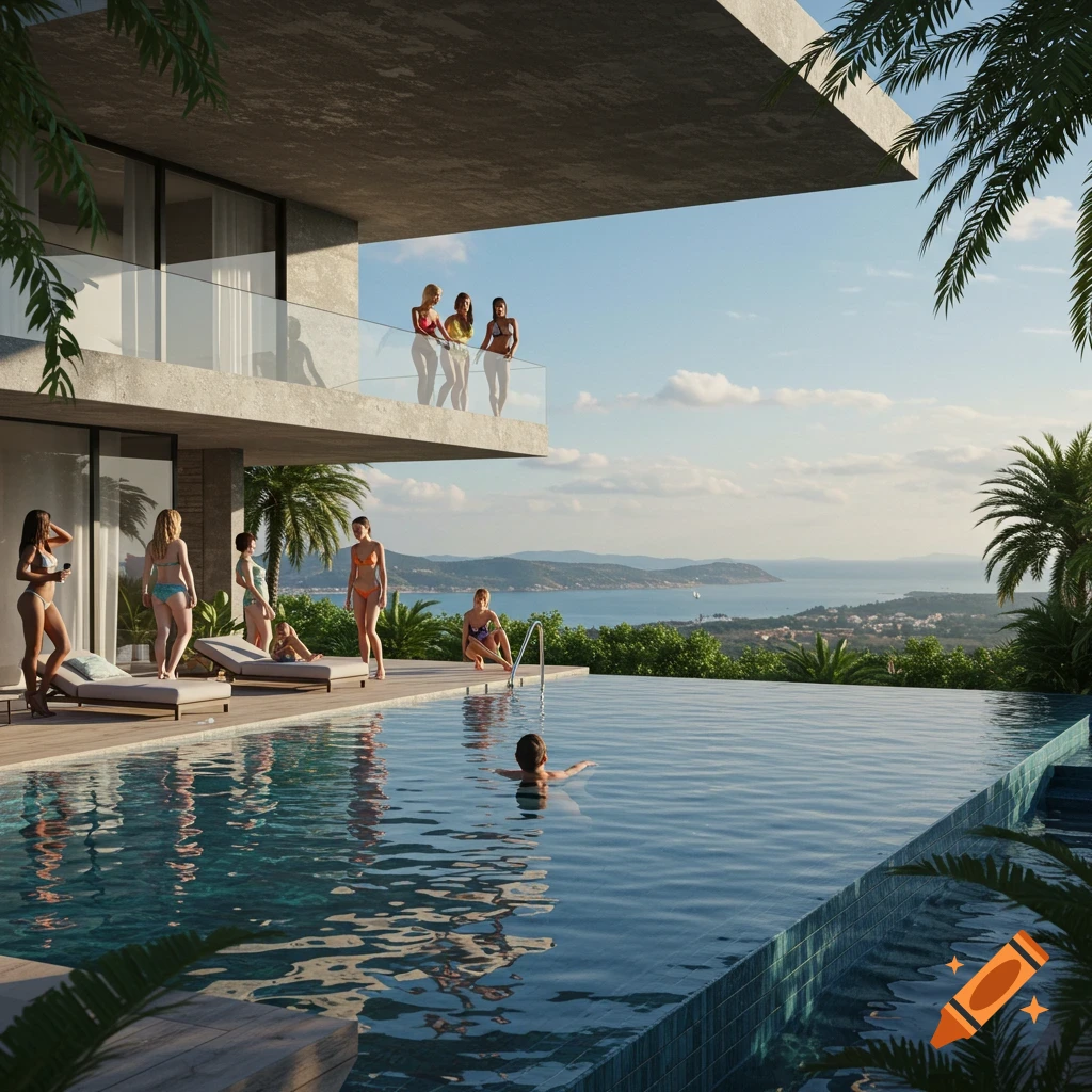 A photorealistic image of a luxurious modern villa with an infinity pool overlooking a scenic coast. Several women in swimsuits are by or in the pool.