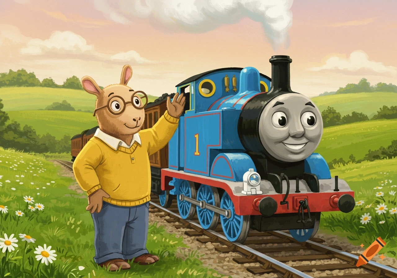 Arthur the aardvark waves next to Thomas the Tank Engine on train tracks in a grassy, illustrated countryside.