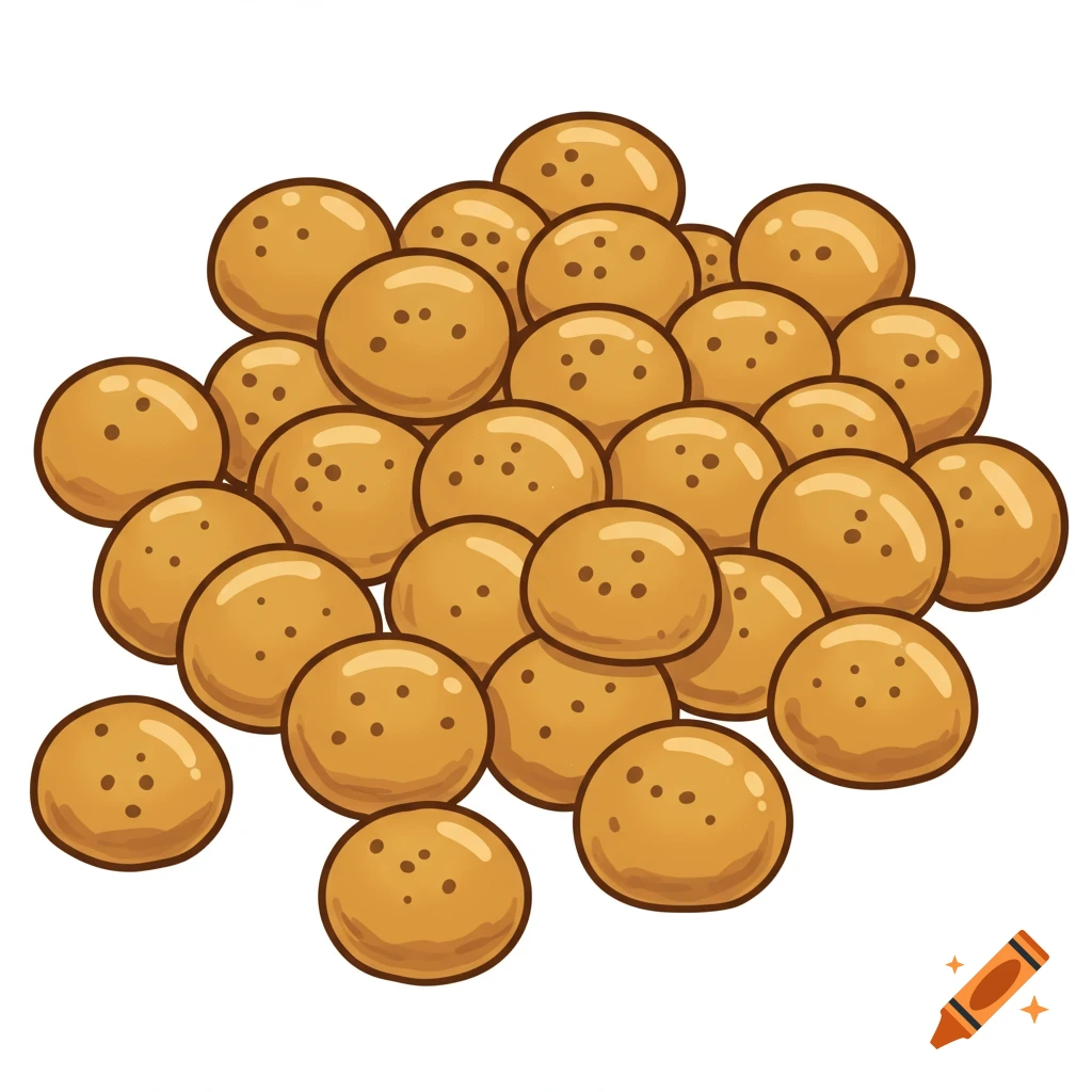 A pile of small, round, light brown cookies with darker spots, in a cartoon clipart style.