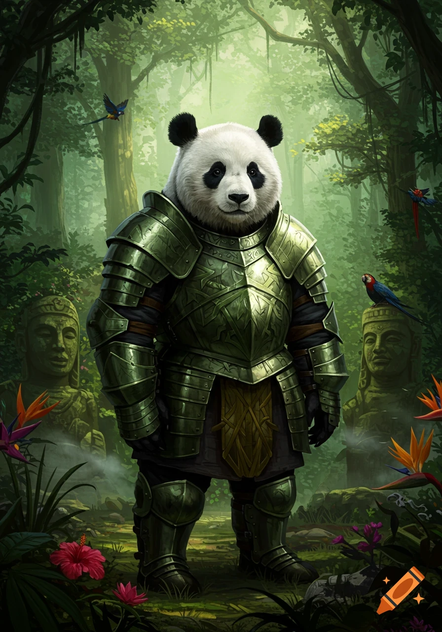 A majestic panda dressed in intricate green knight armor stands in a lush, vibrant jungle with ancient stone statues.