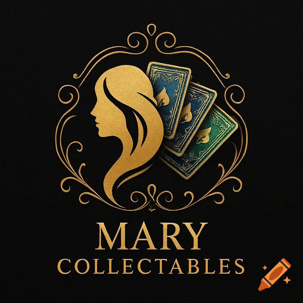 Golden profile silhouette of a woman with flowing hair and three ornate cards, framed by filigree, on a black background. Text says 'MARY COLLECTABLES'.