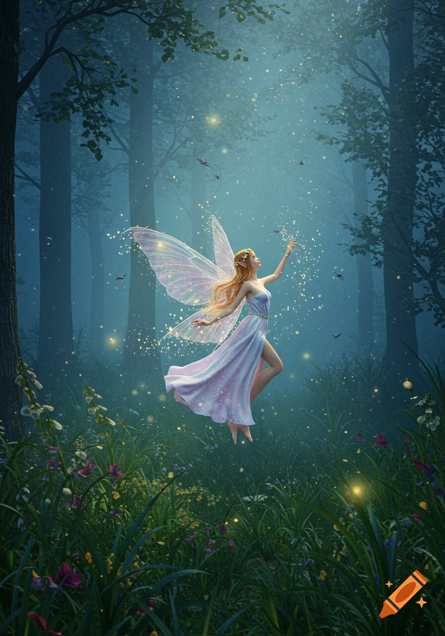 A beautiful blonde fairy with translucent wings and a flowing dress floats in a magical, sparkling forest, reaching for light. Fantasy art.