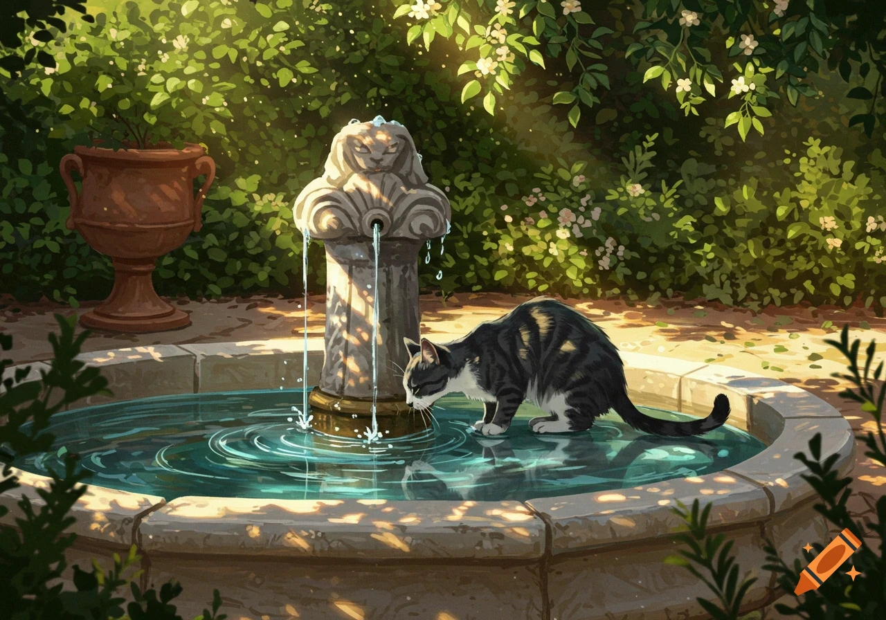 A calico cat drinks water from a stone fountain in a sunny, green garden, rendered in an illustrative style.