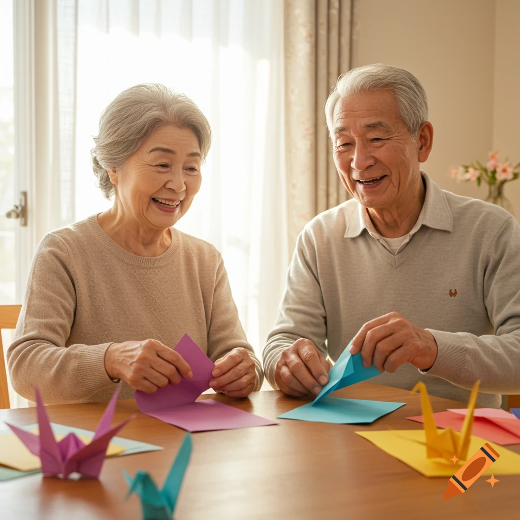 A smiling senior couple, a grandma and grandpa, happily folding colorful origami paper at a wooden table in a bright room.