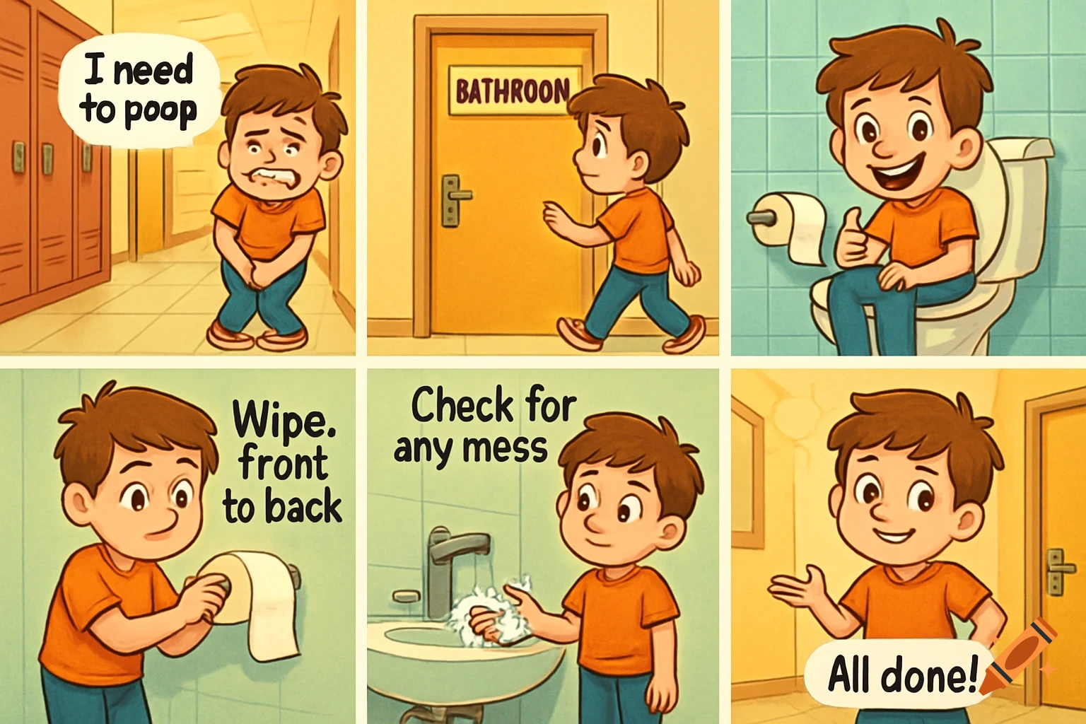 A cartoon comic strip shows a boy needing to use the bathroom, going in, using the toilet, wiping, checking for mess, and finally saying "All done!"