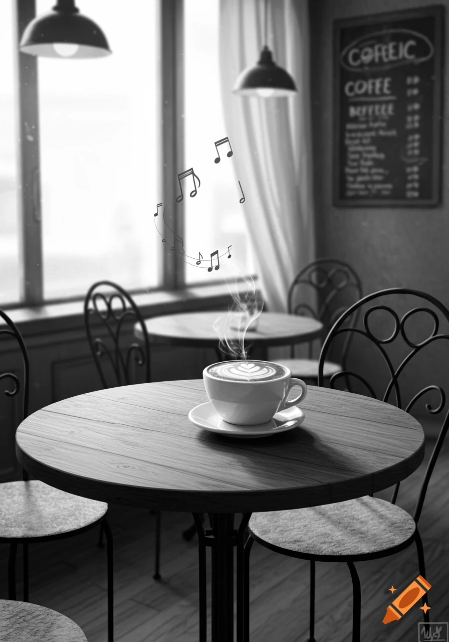 A steaming cup of coffee with latte art on a wooden table in a black and white coffee shop, with musical notes floating above.