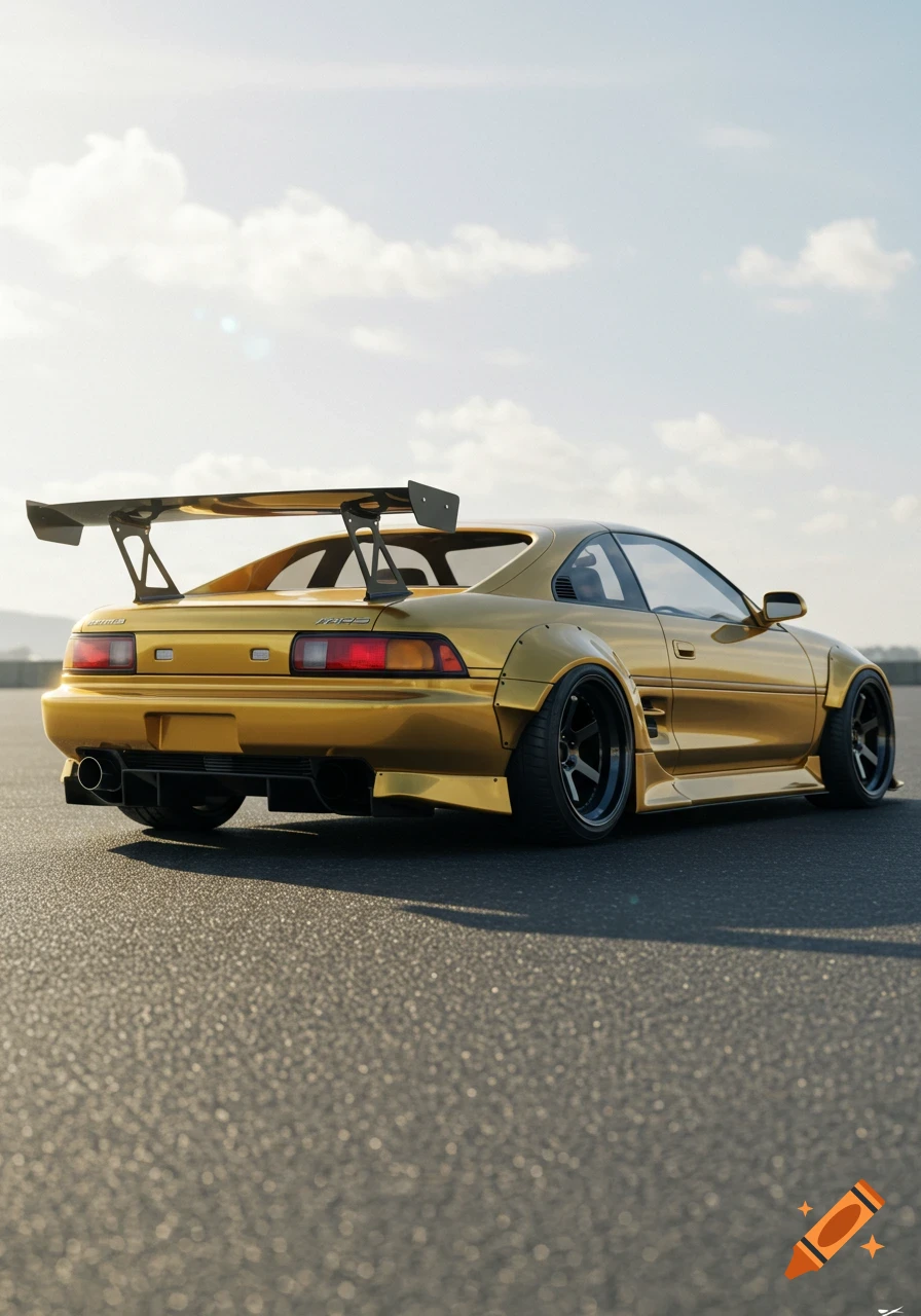 A gold Toyota MR2 SW20 sports car with a wide body kit and a large spoiler, parked on asphalt under a partially cloudy sky.