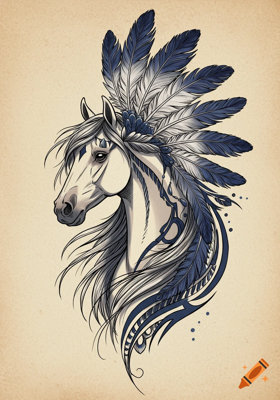 Stylized tattoo drawing of a white horse head adorned with dark blue and white feathers, on a light parchment background.