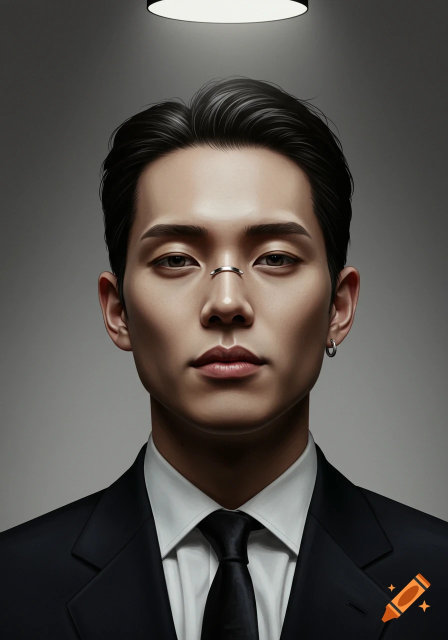 A photorealistic digital illustration of a man in a dark suit and tie, with a nose piercing and earring, looking forward.