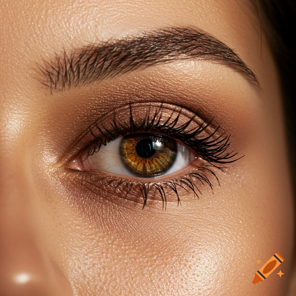 Photorealistic close-up of a woman's brown eye with soft brown smokey eyeshadow, long lashes, and detailed skin texture.