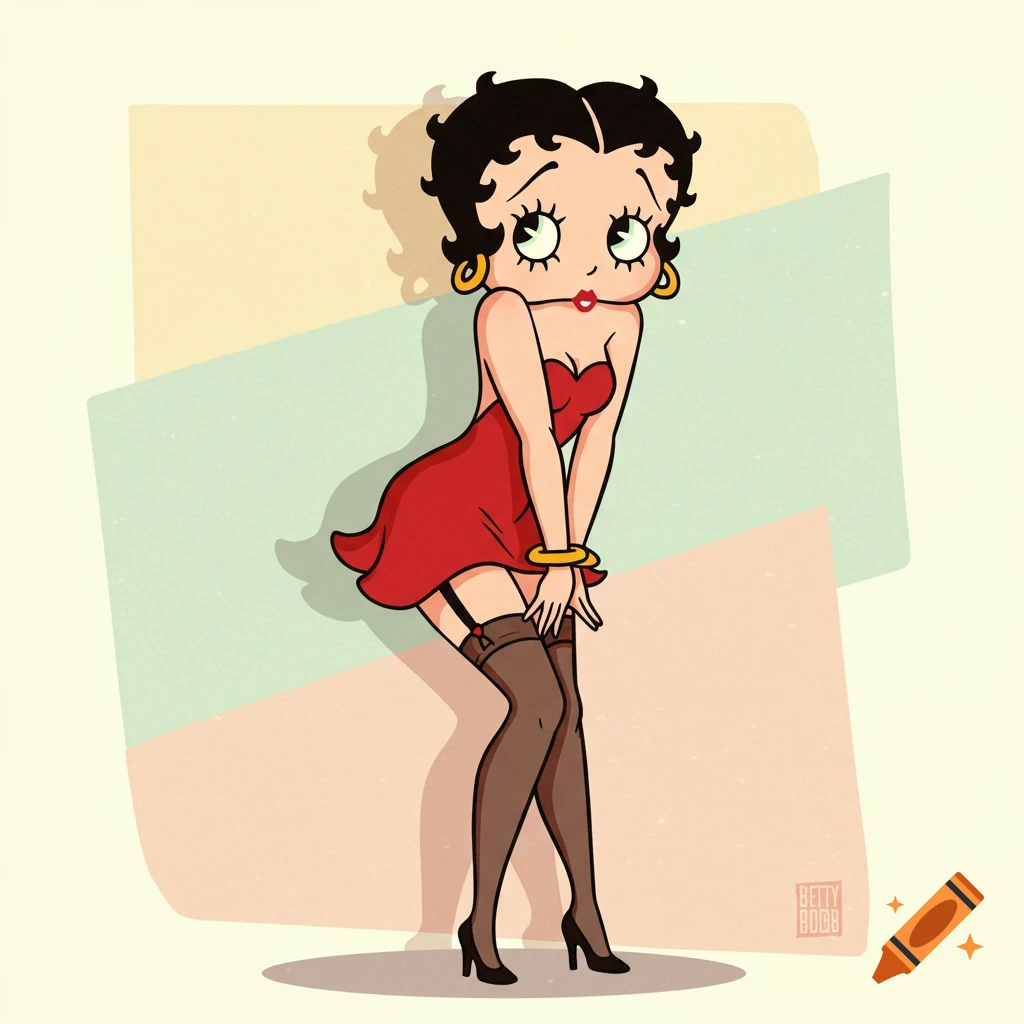 Betty Boop in a short red dress and stockings, in a classic cartoon vector art style.
