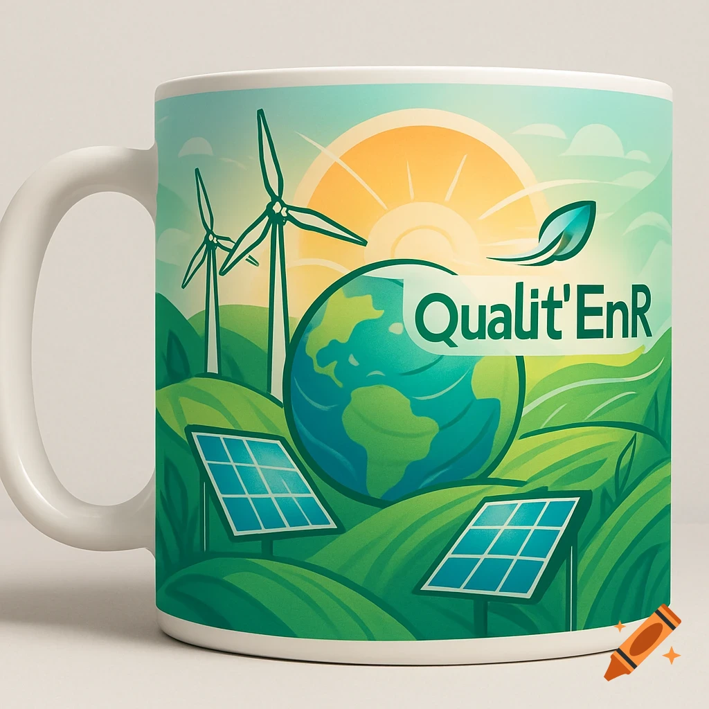 A white mug with an illustration depicting green hills, a sun, wind turbines, solar panels, a globe, and the text 'Qualit'EnR'.